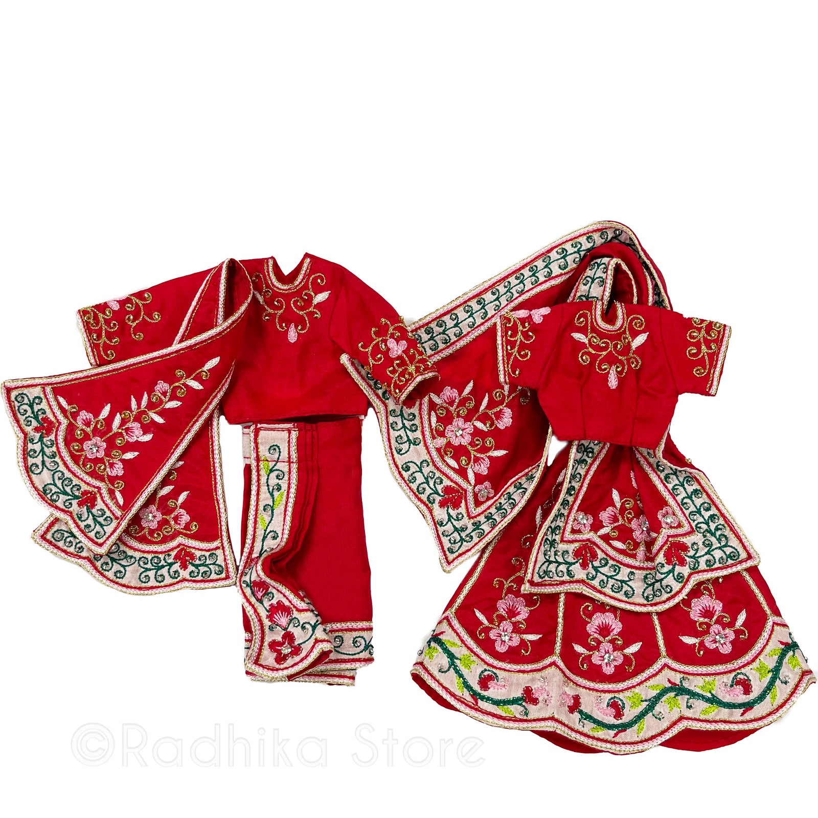 Premananda -  All Silk - Red-Pink-Greens And Gold - Radha Krishna Deity Outfit