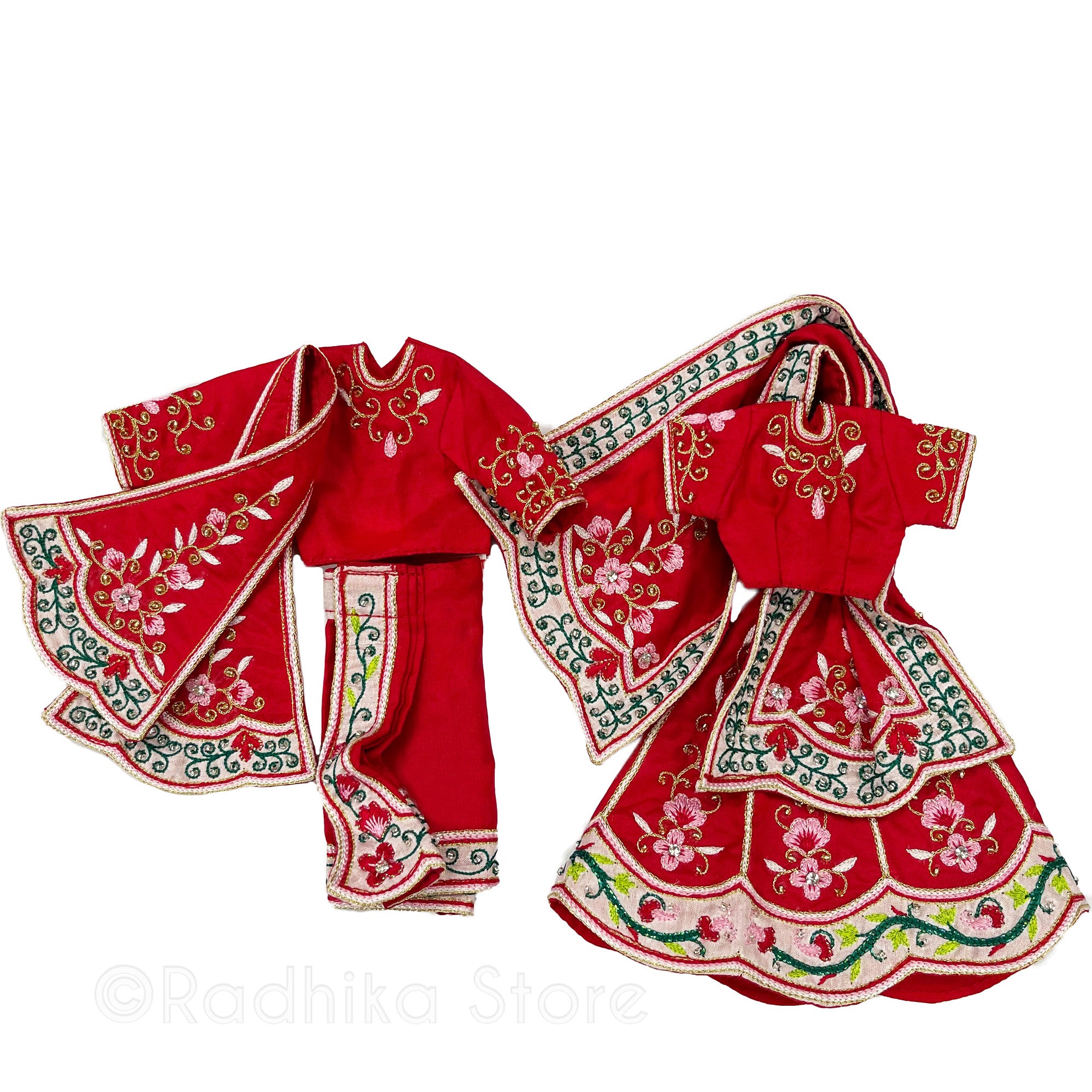 Premananda -  All Silk - Red-Pink-Greens And Gold - Radha Krishna Deity Outfit
