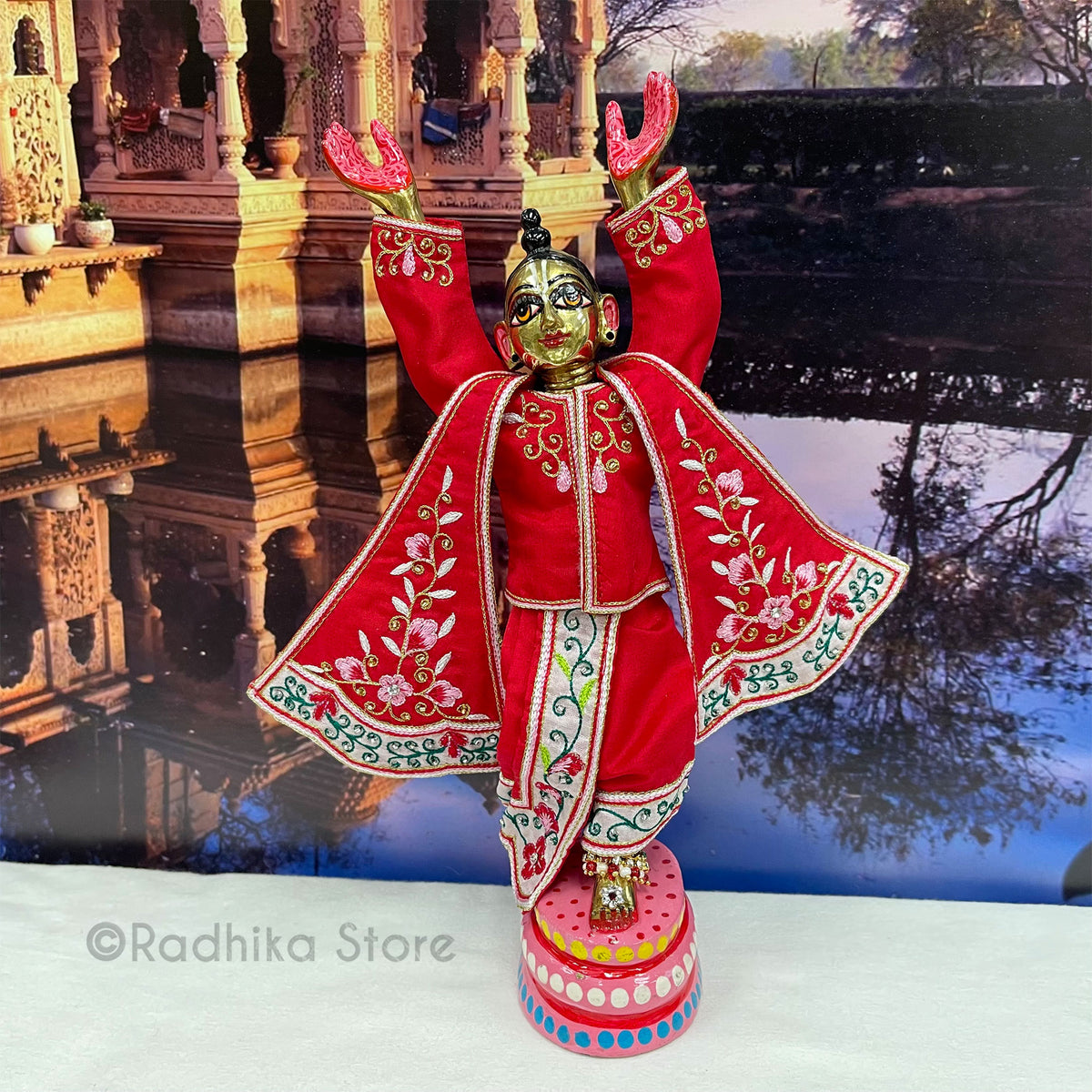 Premananda - All Silk - Red-Pink-Green and Gold - Gaura Nitai Deity Outfit