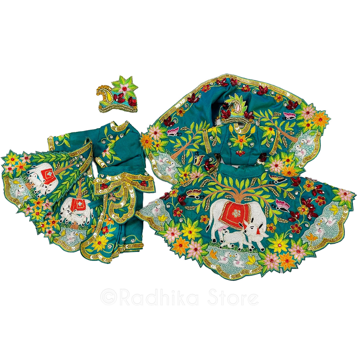 Govardhan Surabhi Cow - Silk - Teal Green - Radha Krishna Deity Outfit