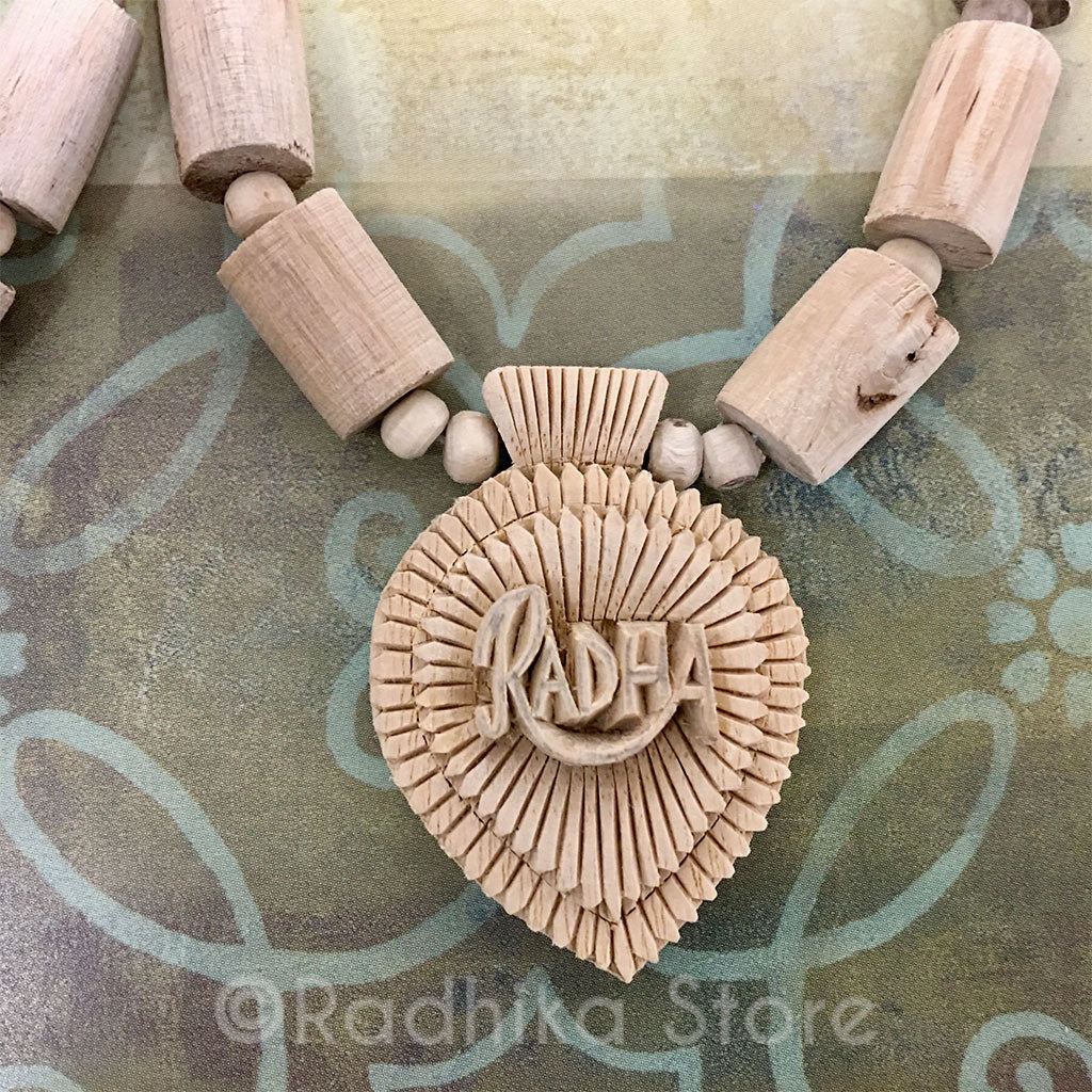 Carved Radha Nam on Lotus - Tulsi Necklace -Choose Design