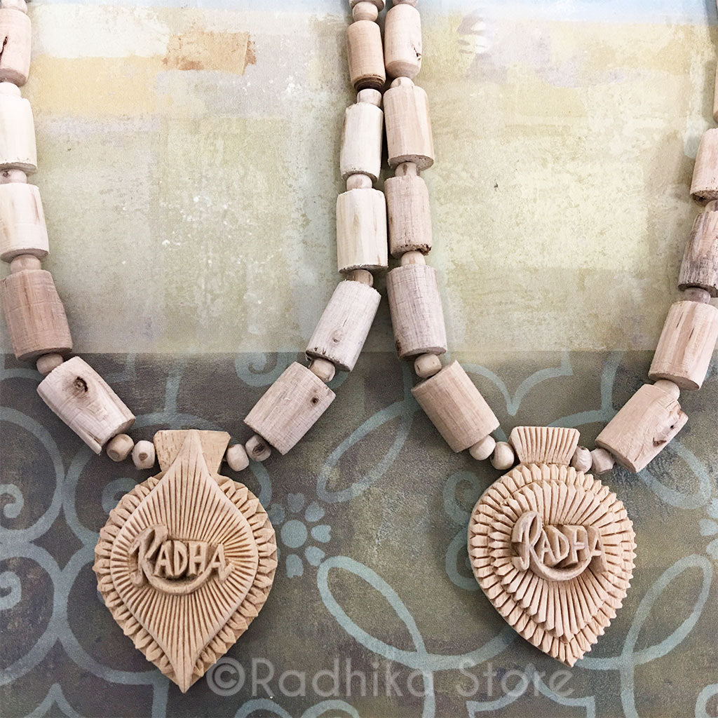 Carved Radha Nam on Lotus - Tulsi Necklace -Choose Design