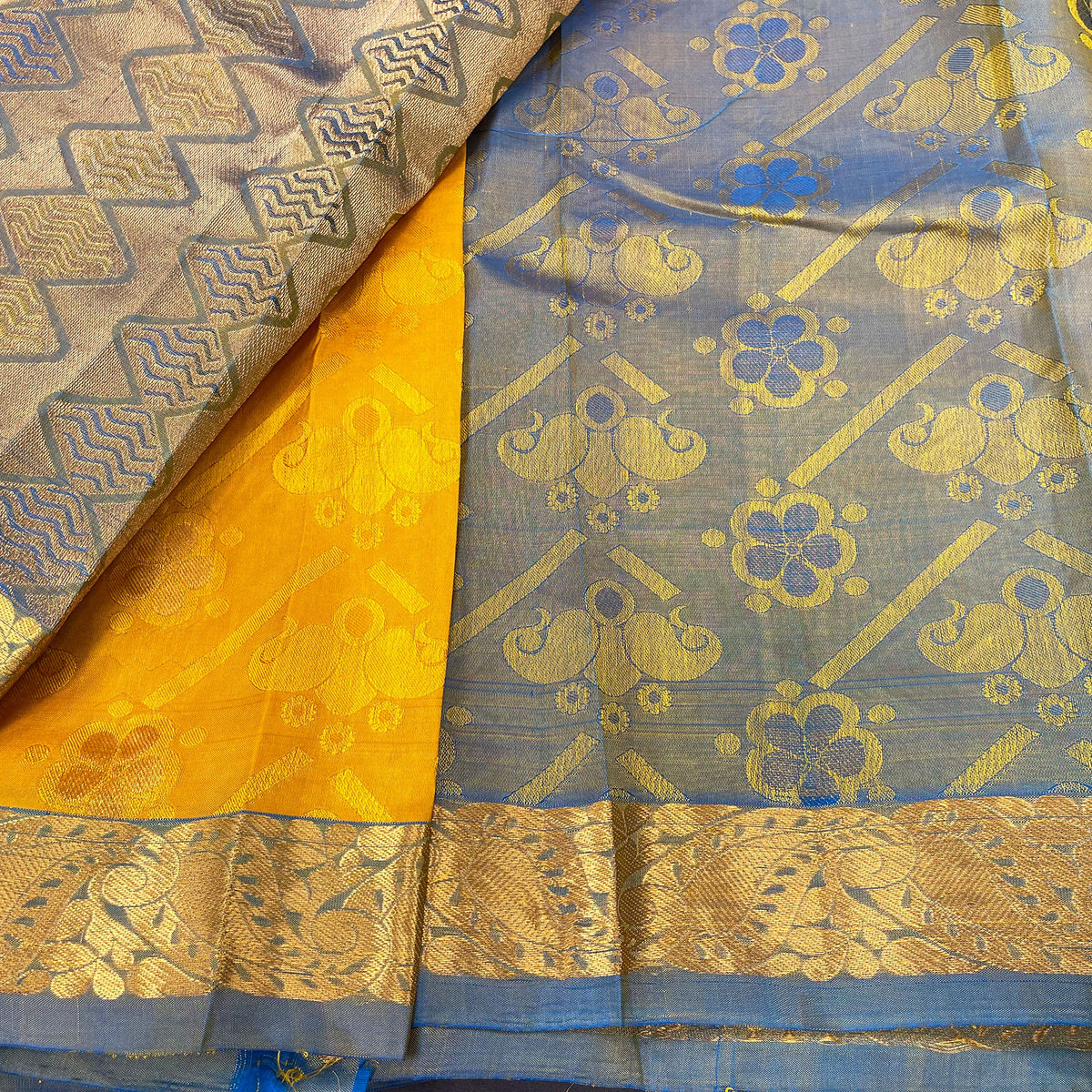 Divine Elegance- Radha Gold Krishna Blue - High Quality Silk Saree
