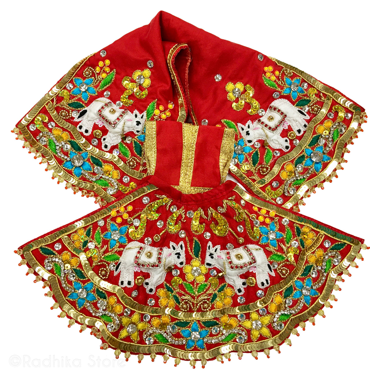 Radha Krishna Loves Cows - Red and Gold  Multicolor - Radha Krishna Deity Outfit