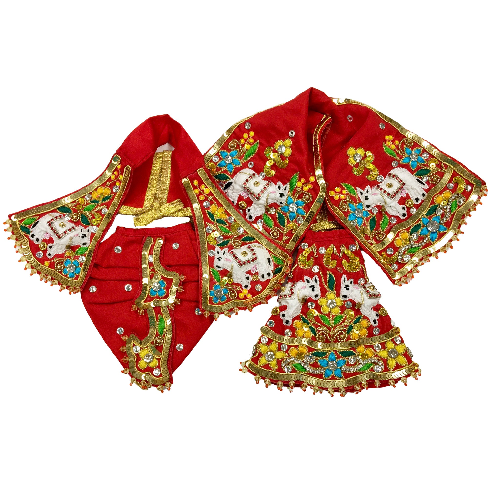 Radha Krishna Loves Cows - Red and Gold  Multicolor - Radha Krishna Deity Outfit