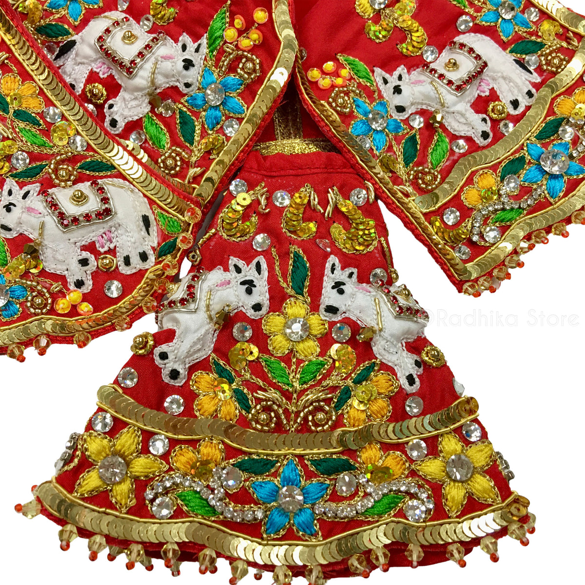 Radha Krishna Loves Cows - Red and Gold  Multicolor - Radha Krishna Deity Outfit