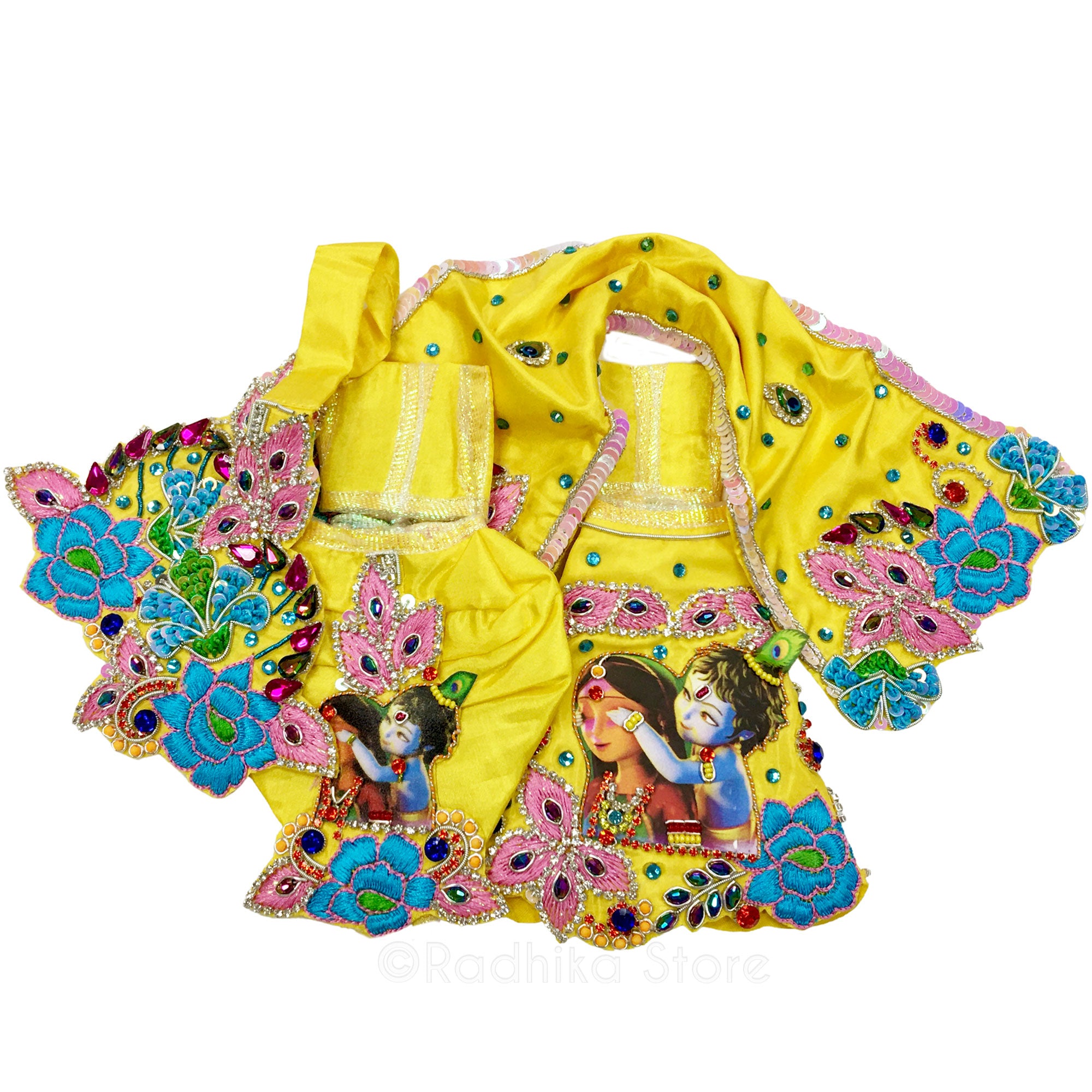 Damodara Lila - Yellow Pink and Blue - Radha Krishna Deity Outfit