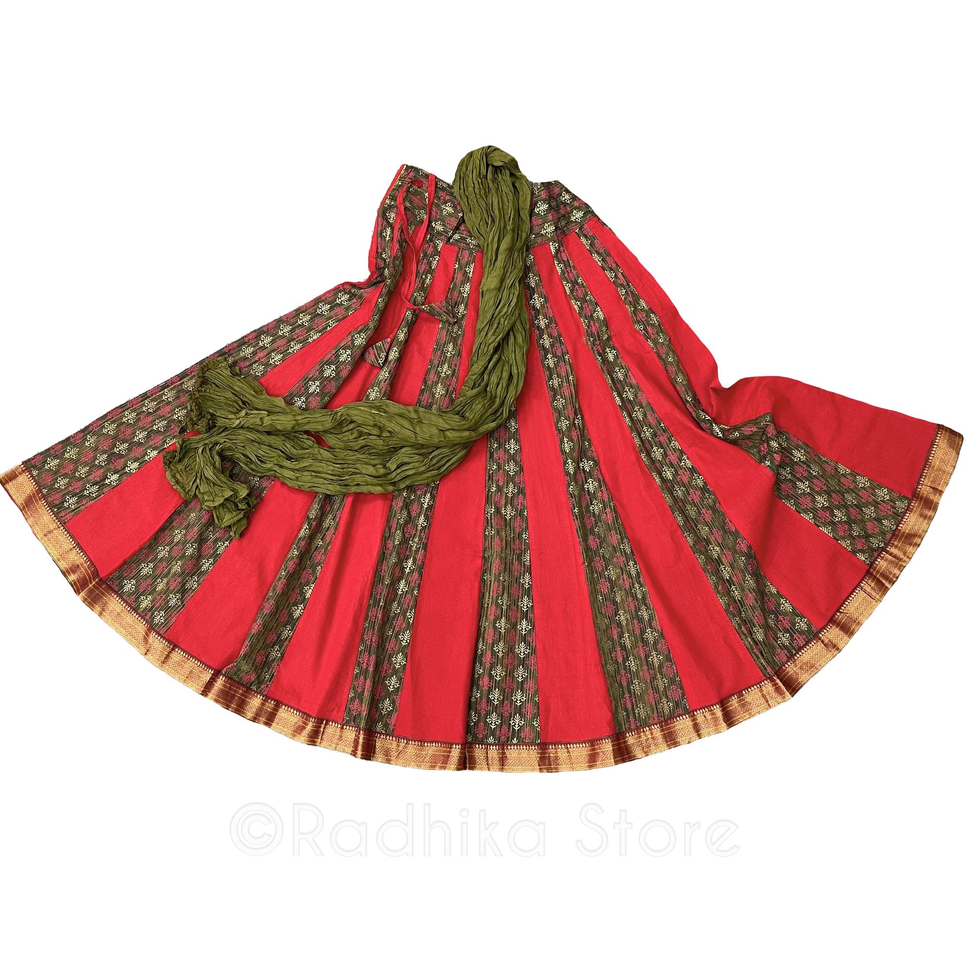 Radha Red  and Black- Cotton and Jute - Gopi Skirt - Olive Cotton Chadar - Small