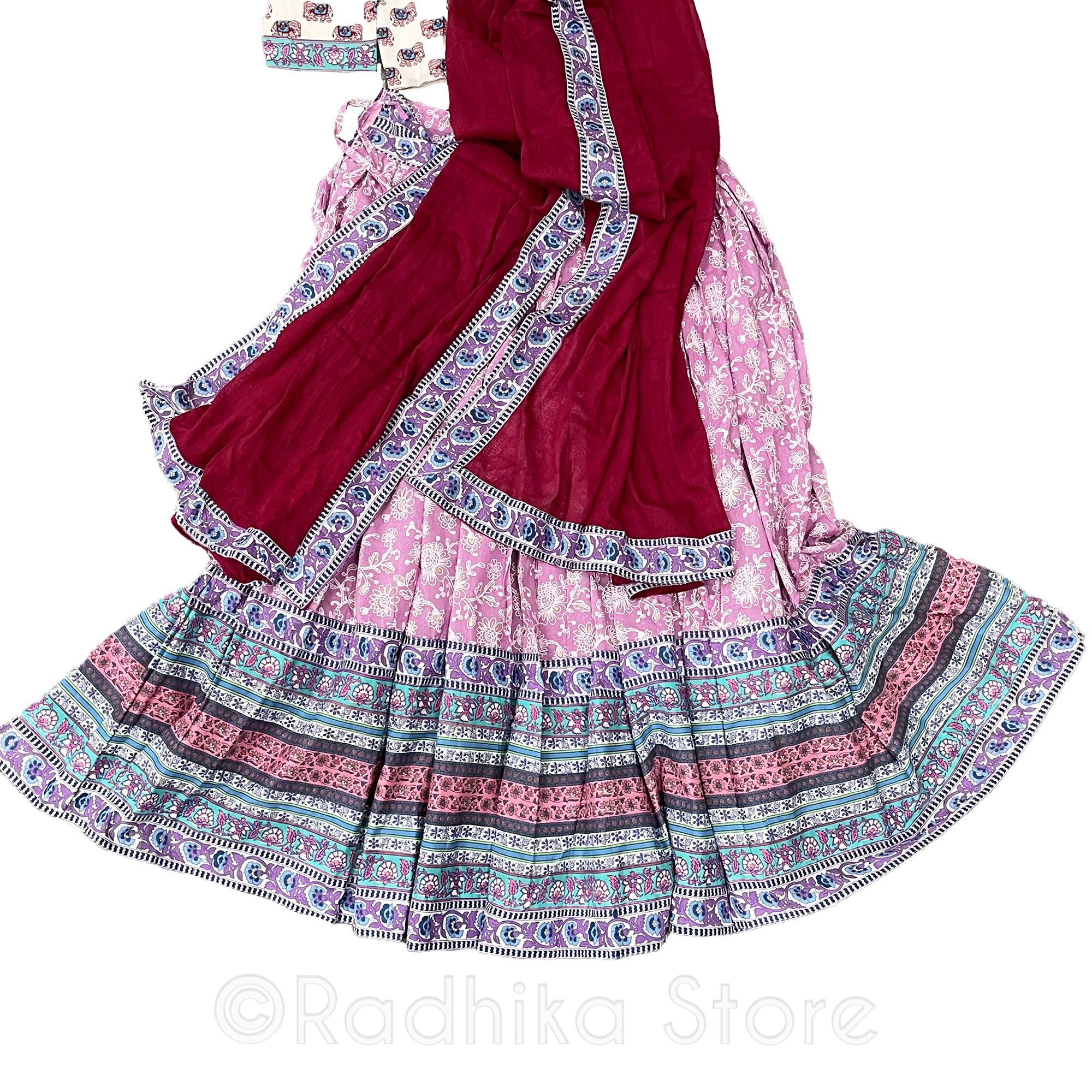 Radhika Flowers-Gopi Skirt- Pinks -Cotton Screen Print-10 Meter Twirling