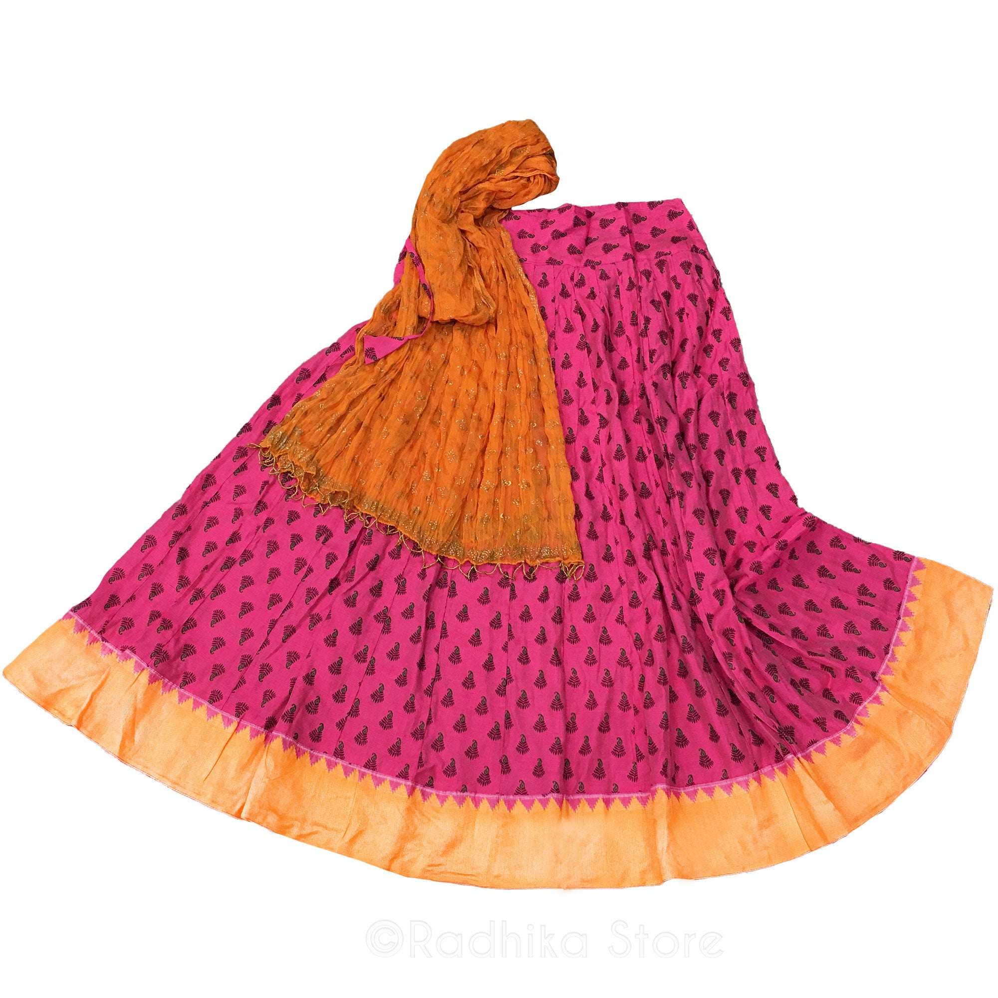 Gopi Skirt - Radhika Peacock Chandrika -  Bright Pink and light Peack -With Orange Chadar- S or M