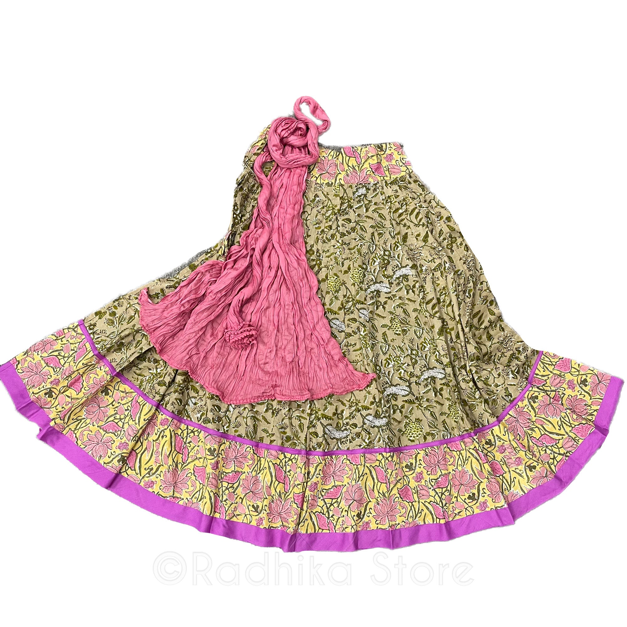 Raman Reti Garden - Gopi Skirt - Pinks and Greens With Yellow - Cotton Screen Print Fabric - With Chadar - Large
