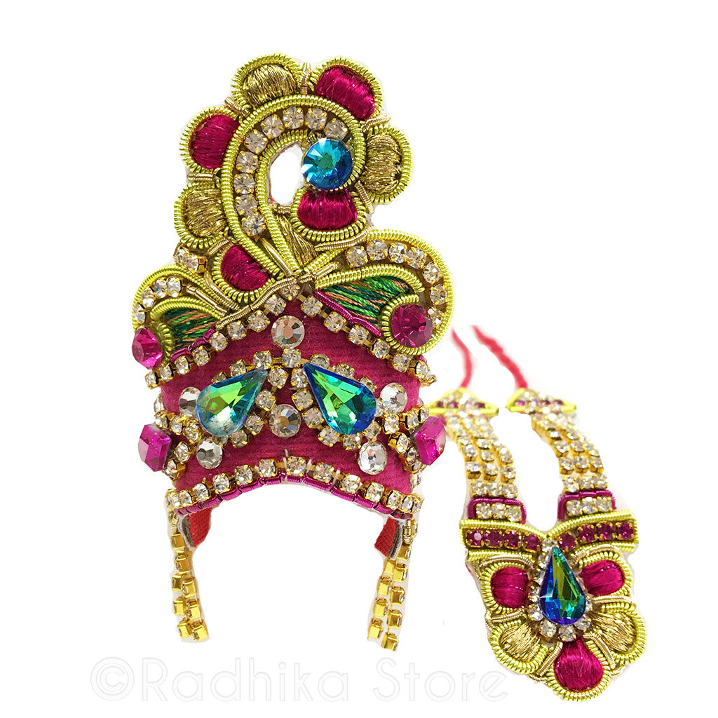 Royal Rani Peacock Deity Crown Necklace Set-Pink Green and Teal