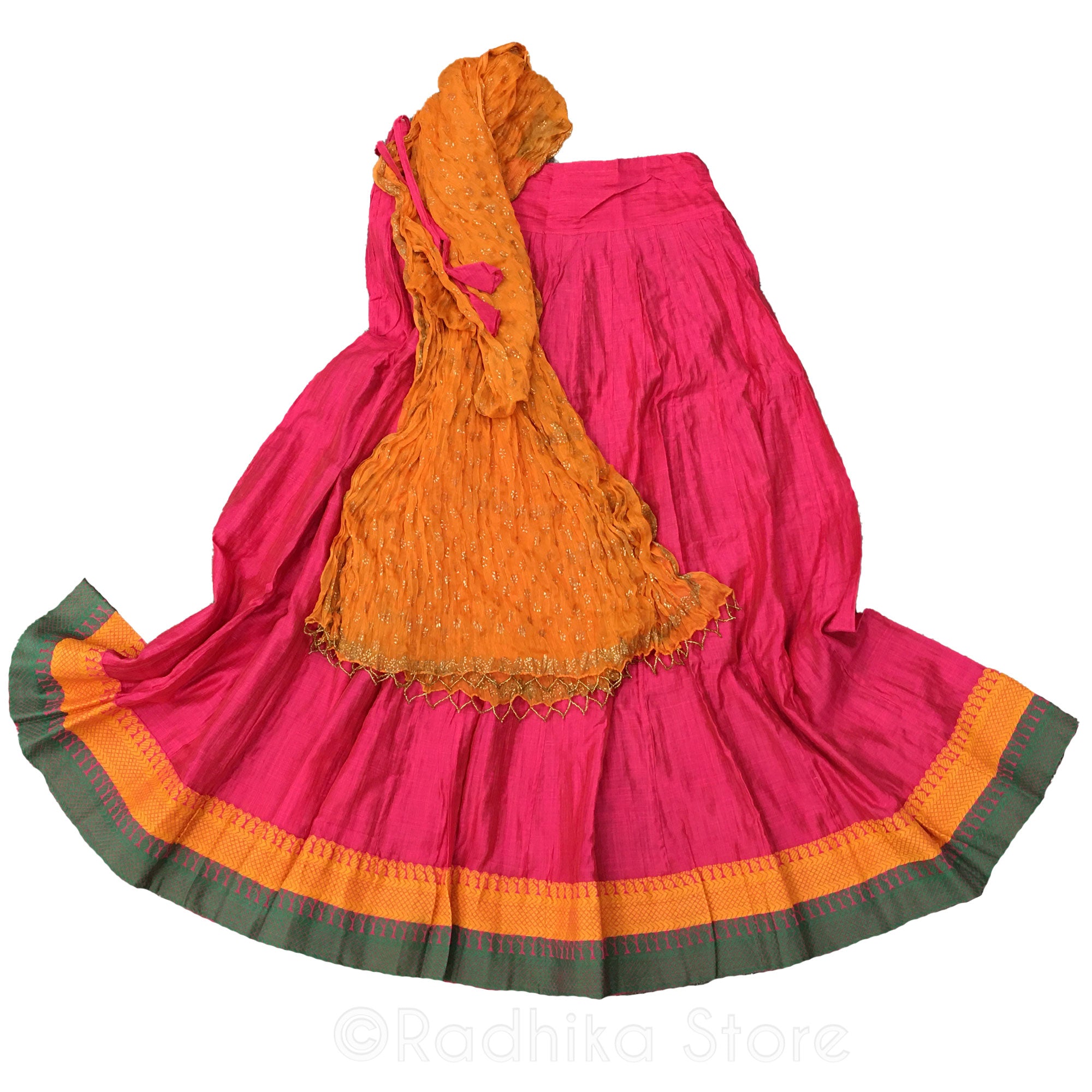 Rani Pink Chandrika Festival - Gopi Skirt - Jute-Cotton- With Turmeric Color Chadar - Small