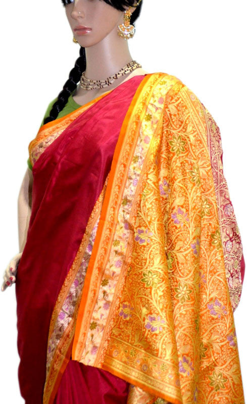 Red With Golden Orange - Pure Silk Saree