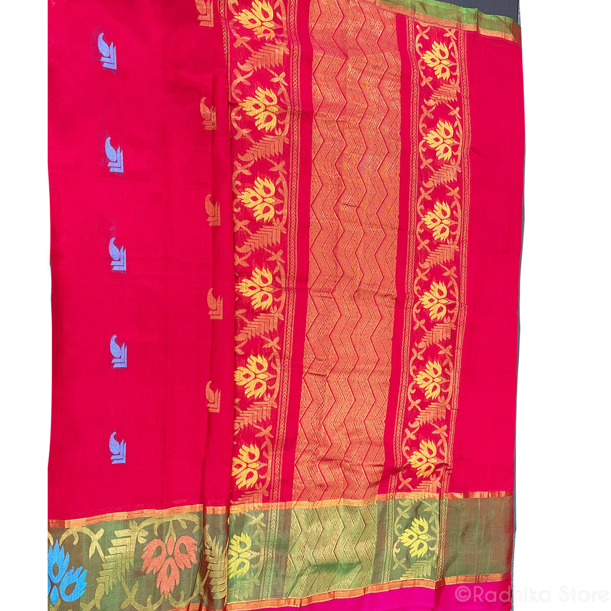 Divine Peacock Plumes - Reds and Greens  - Quality Silk Saree