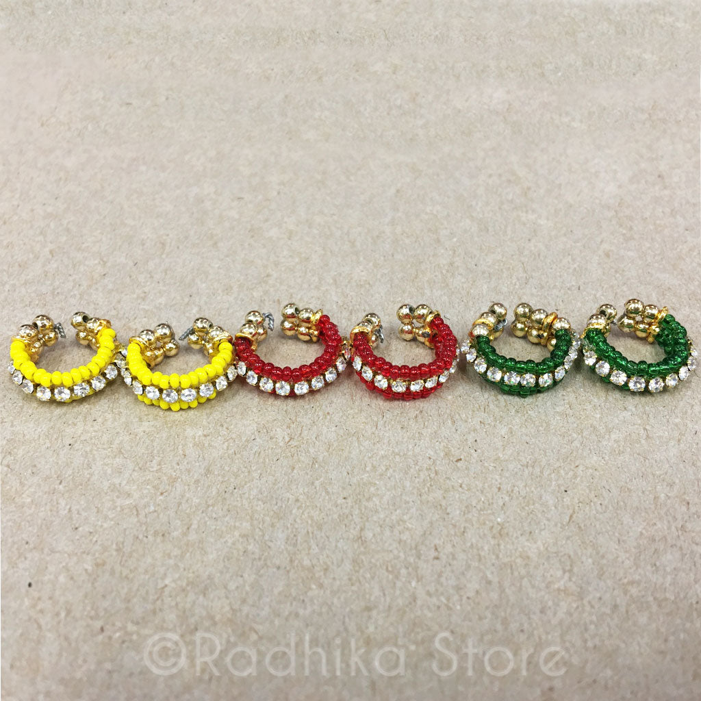 Rhinestone Seed Bead Deity Bangles Set - Size Small - Yellow-Red-Green