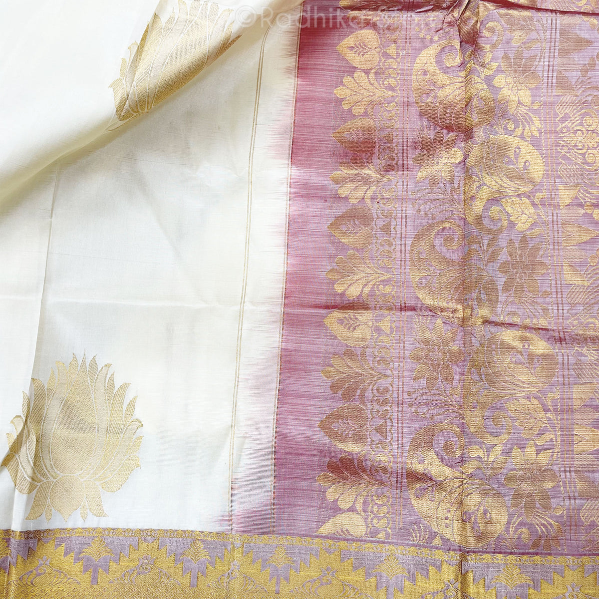 Royal Golden Lotus -  Cream Color - Silk Saree