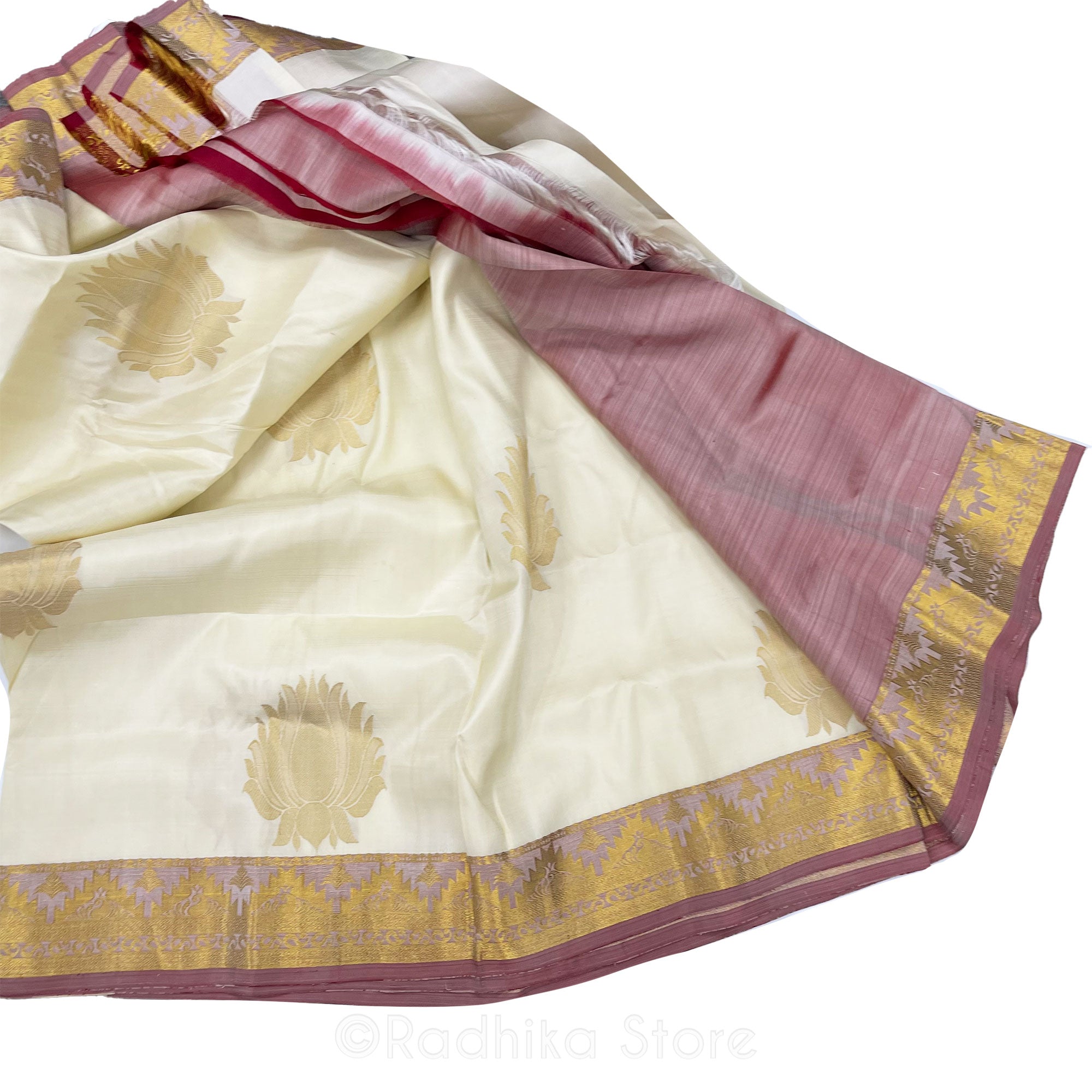 Royal Golden Lotus -  Cream Color - Silk Saree