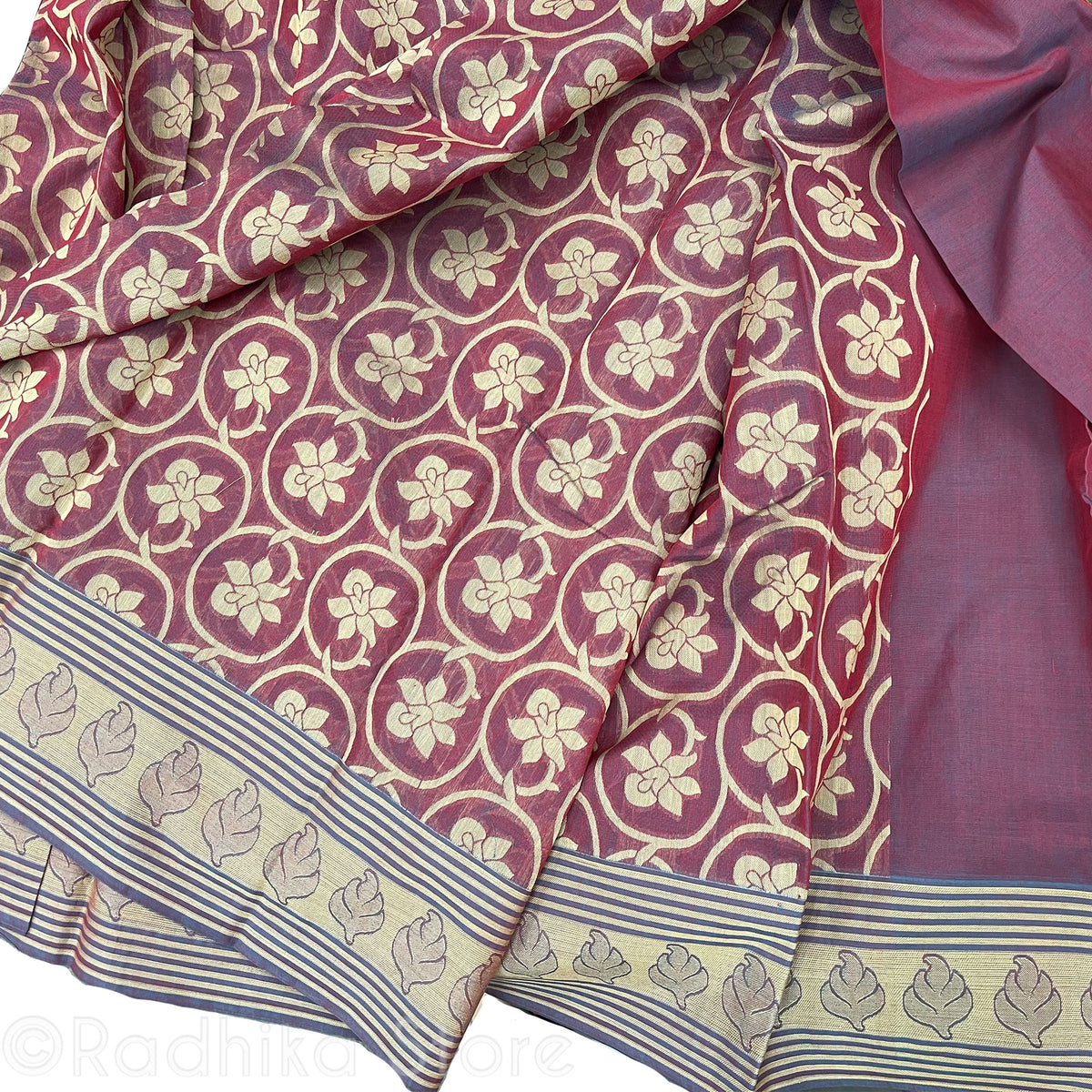 Orchid Vines - Burgundy And  Golden Sand Color With Soft Blue Boarder - Cotton Silk Saree