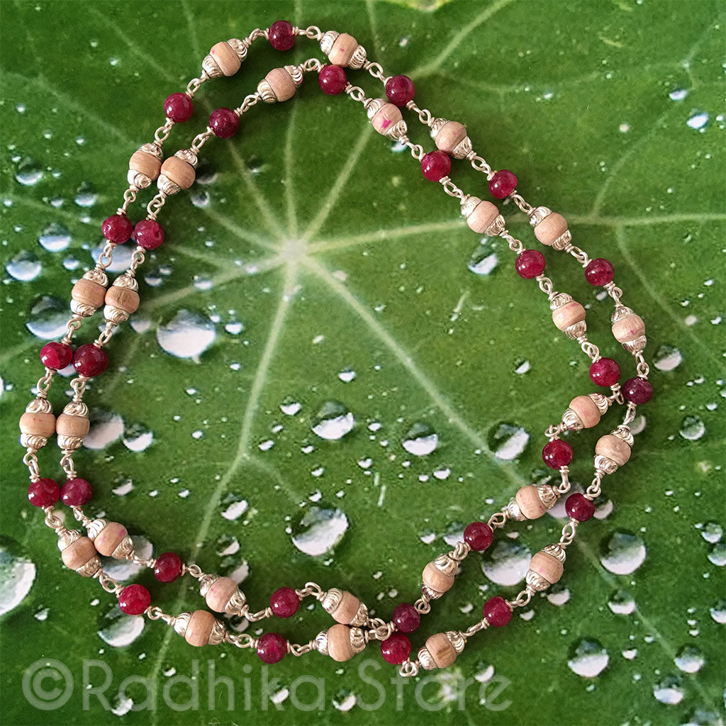 Tulsi With Semi Precious Rubies and Silver Chain Necklace