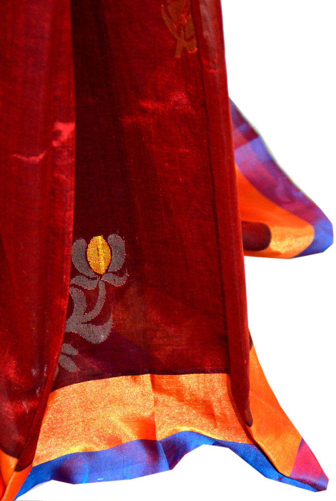 Stunning Silver Lotus - Deep Rust Purple and Orange - Silk Cotton Saree