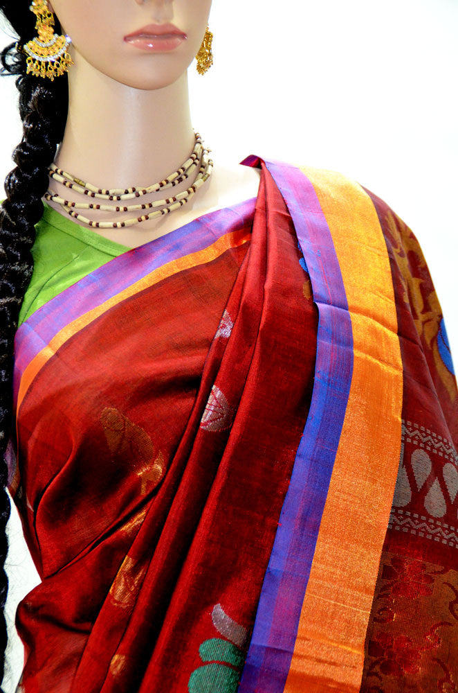 Stunning Silver Lotus - Deep Rust Purple and Orange - Silk Cotton Saree