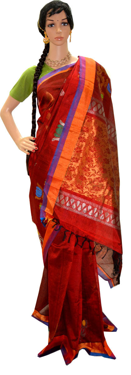 Stunning Silver Lotus - Deep Rust Purple and Orange - Silk Cotton Saree