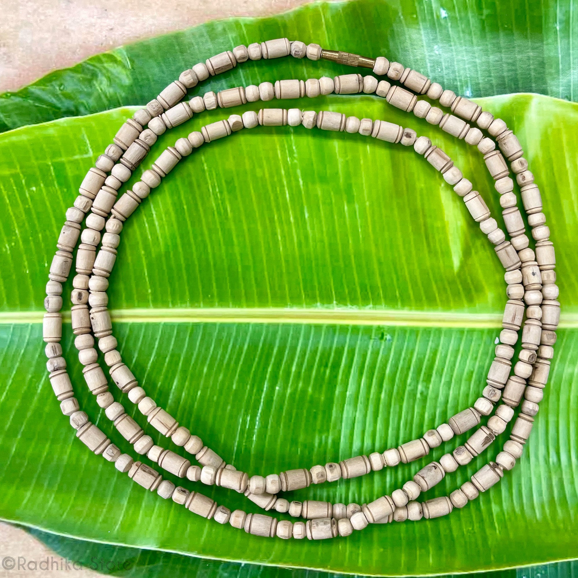 Rustic Tropical Look Barrel and 2 Round Beads Tulsi Necklace - 3 Times Around-50"