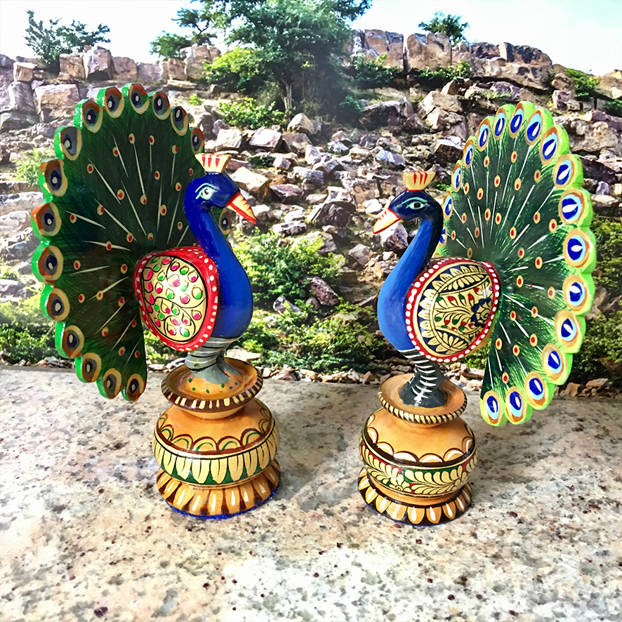 Hand Carved and Painted  Dancing Govardhana Peacocks - Choose Size and Color