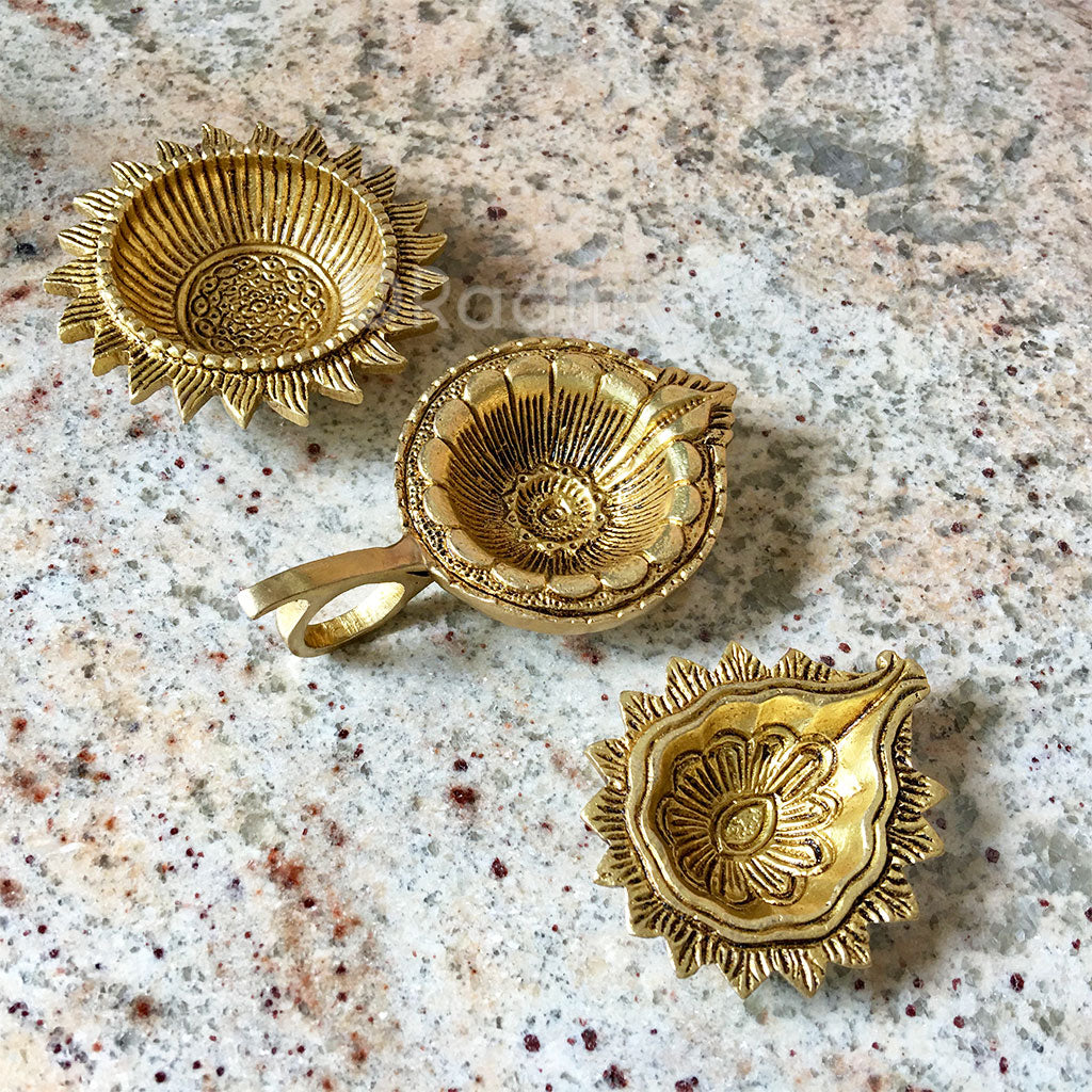Festival Flower Petal Flower - Brass Ghee Lamp Diya - 3&quot;inches Long