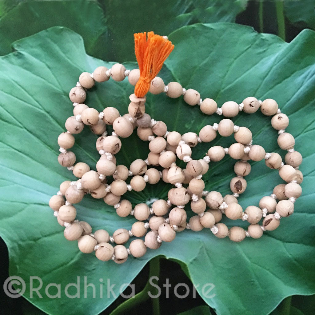 Small Tulsi Japa Beads With Orange Tassel- Hang 25&quot; Inches Long