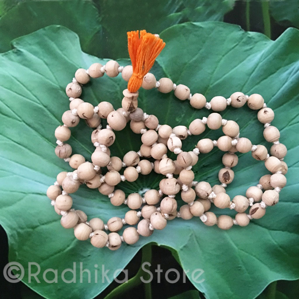Small Tulsi Japa Beads With Orange Tassel- Hang 25" Inches Long