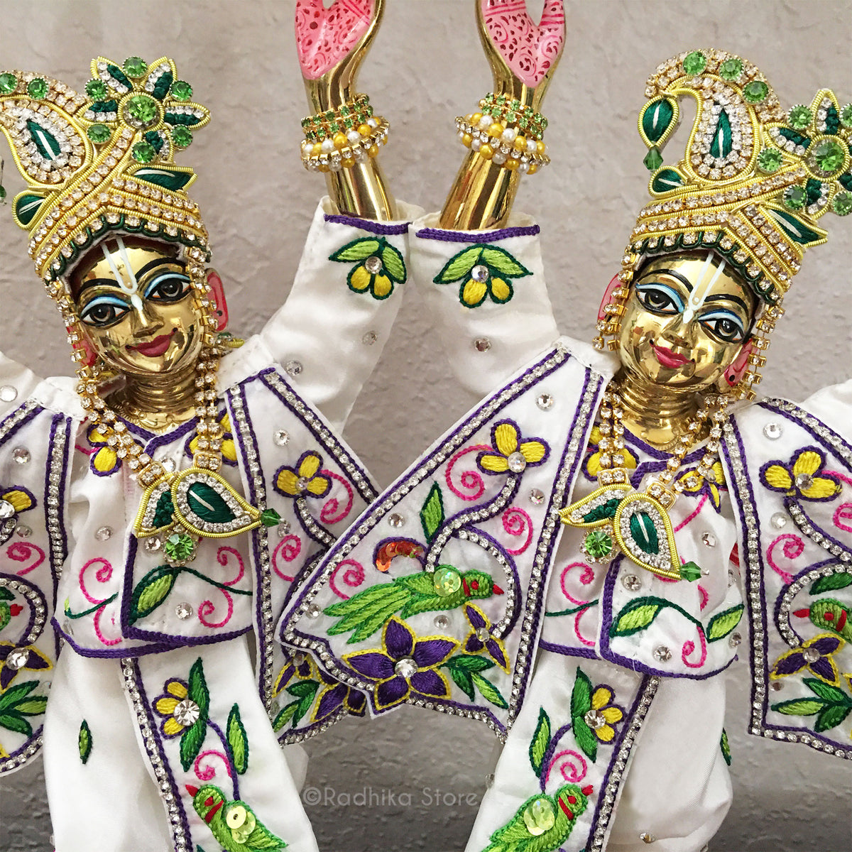 Tropical Mayapur Parrots - (White Silk) - Gaura Nitai Deity Outfit