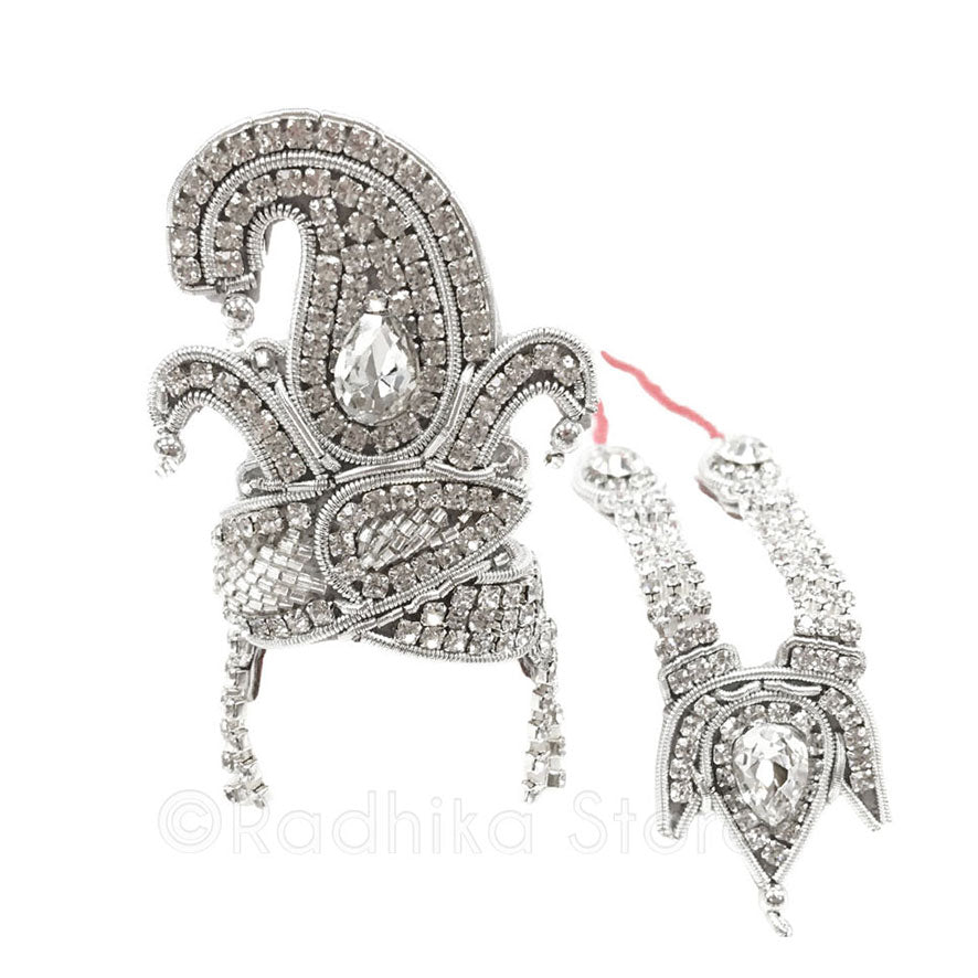 Sparkling Rhinestone Silver Chandrika Swan - Deity Crown and Necklace Set