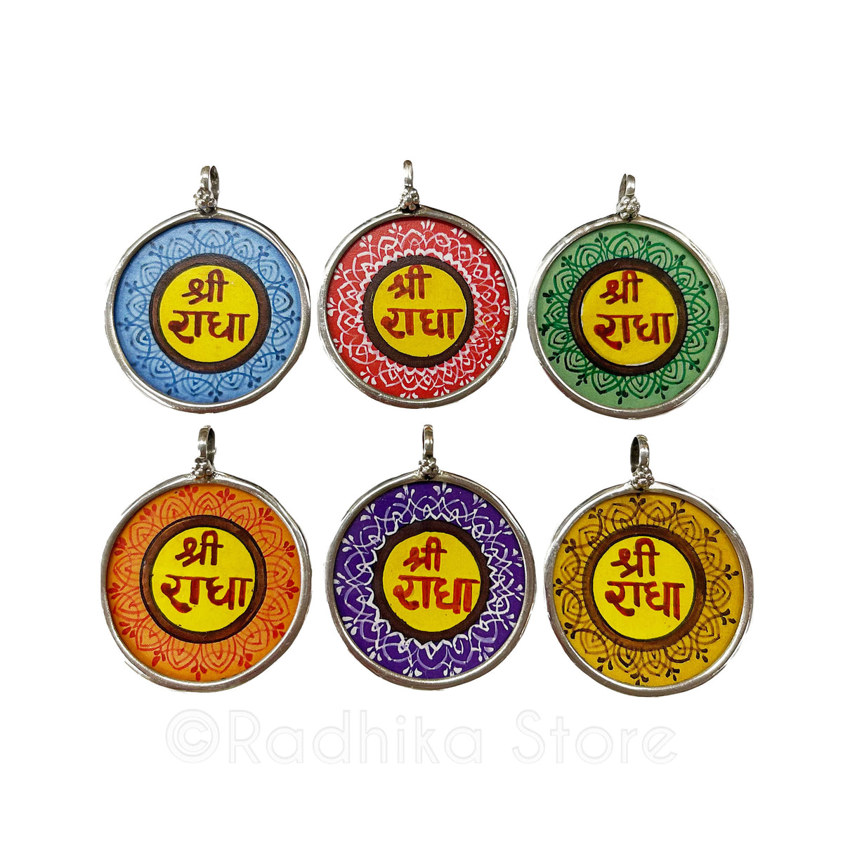 Silver Sanskrit Shri Radha  Logo-Hand Painted Pendant