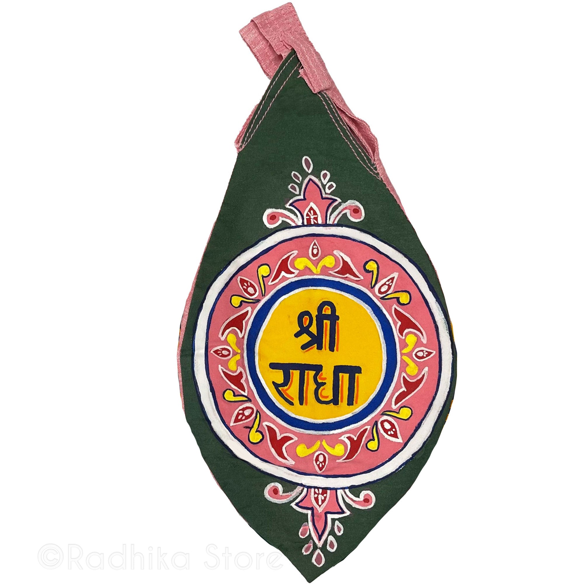 Sri Radha Vrindavan Logo - Hand Painted - Pink Outer Circle With Green - Jute Bead Bags - Choose Color