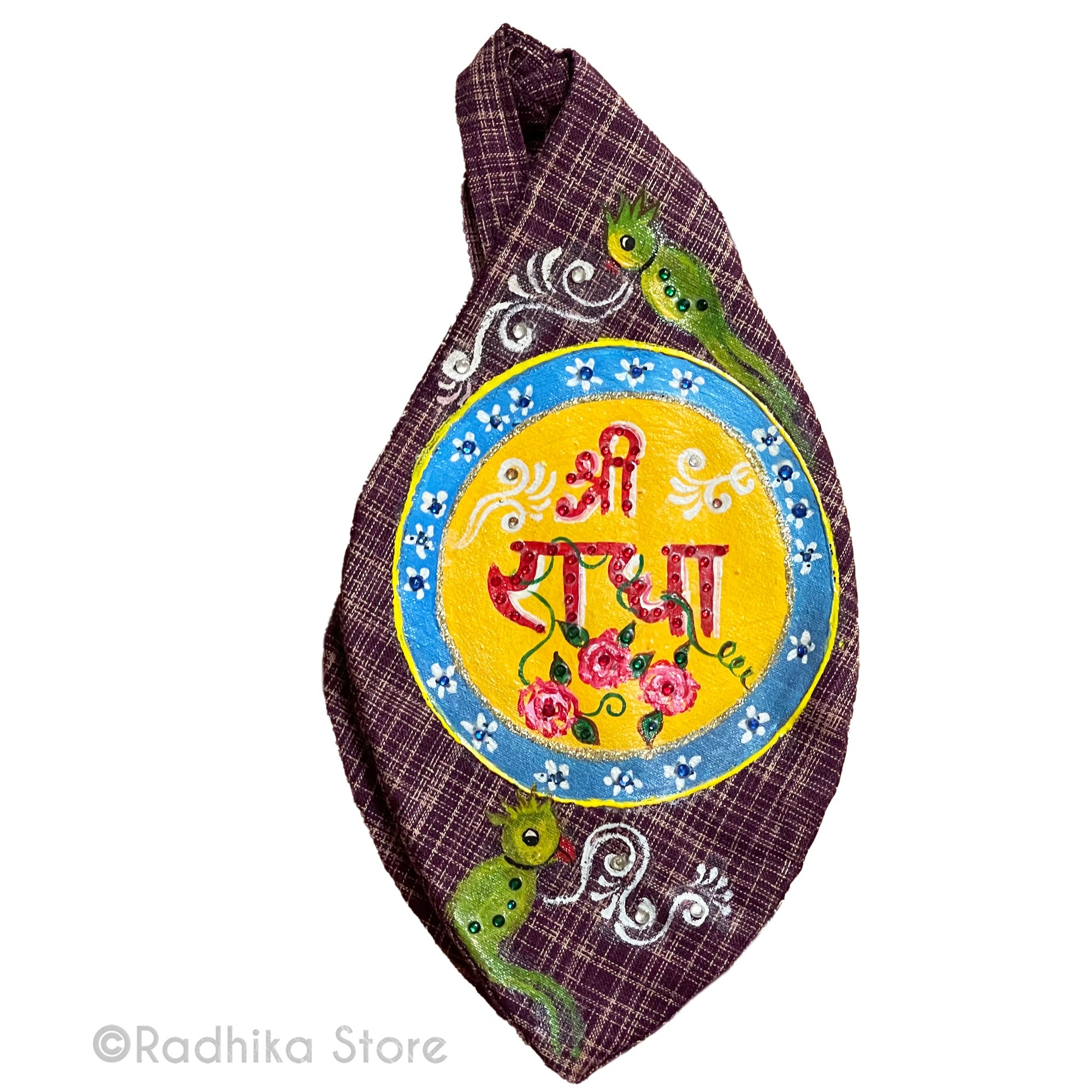 Sri Radha Parrots Sanskrit - Hand Painted and Jeweled - Bead Bag