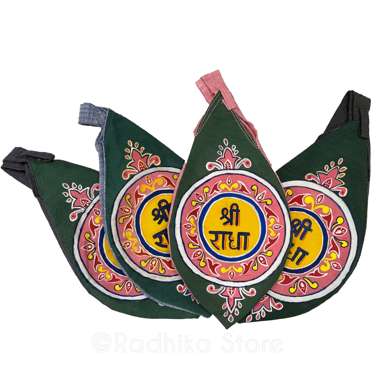 Sri Radha Vrindavan Logo - Hand Painted - Pink Outer Circle With Green - Jute Bead Bags - Choose Color