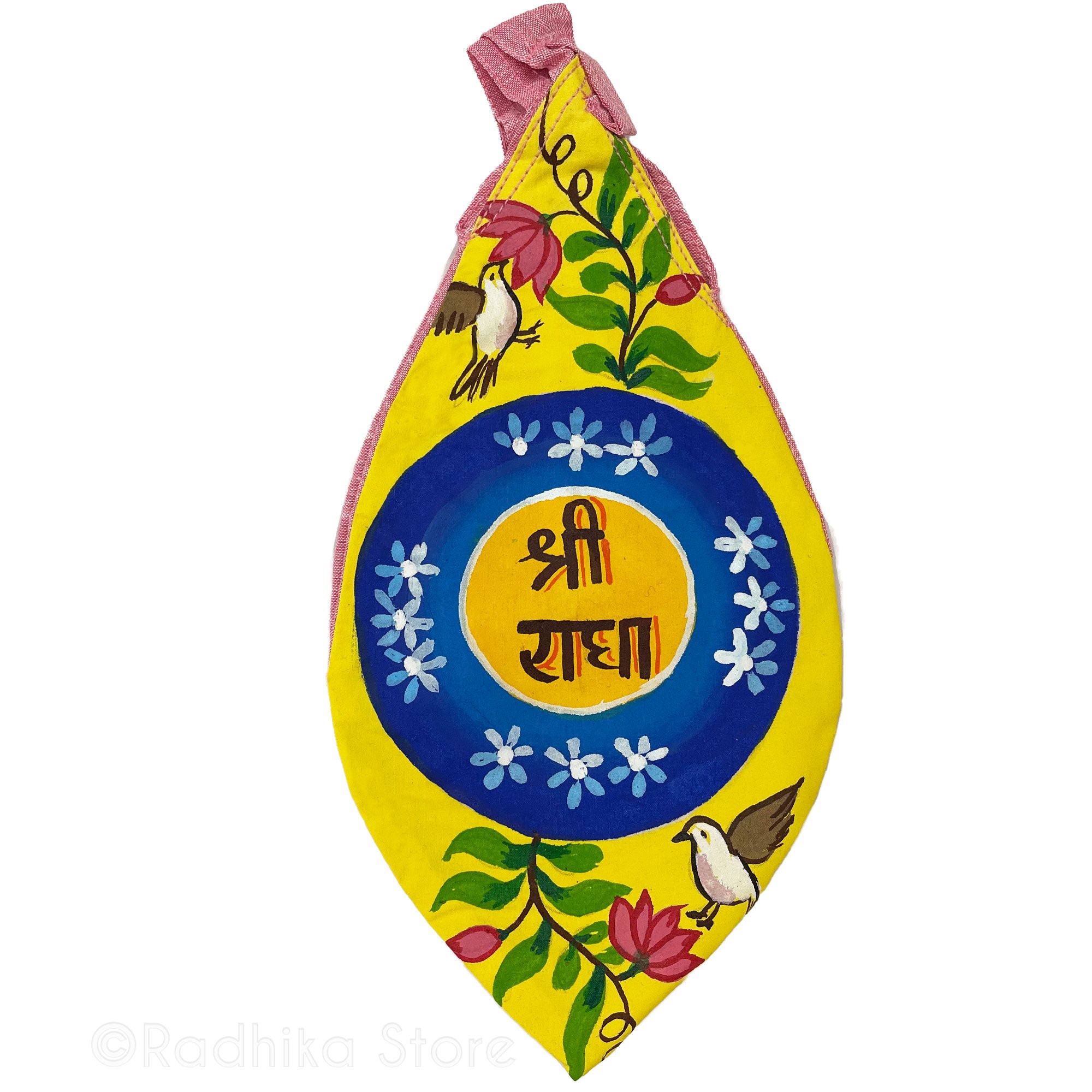 Sri Radha Sanskrit - Hand Painted - Blue Outer Circle- Jute Bead Bags - Choose Color