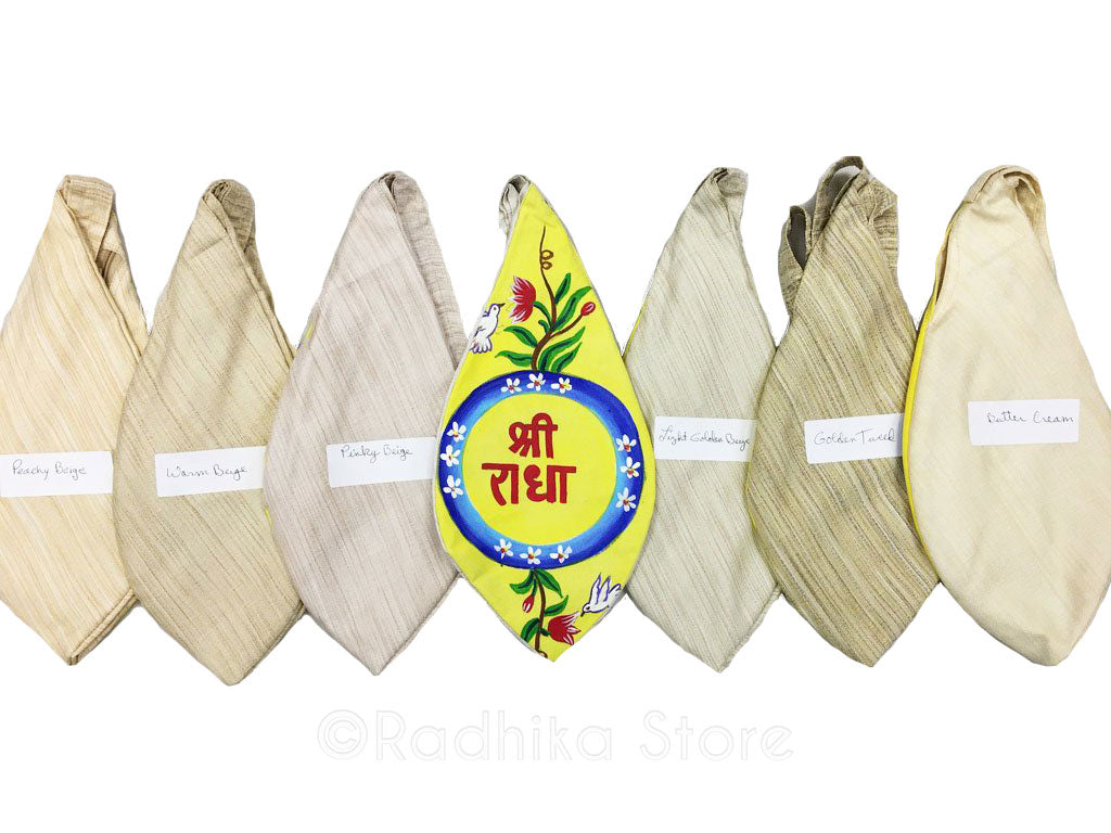 Sri Radha Sanskrit - Hand Painted -Blue Outer Circle- Jute - Beige Bead Bags