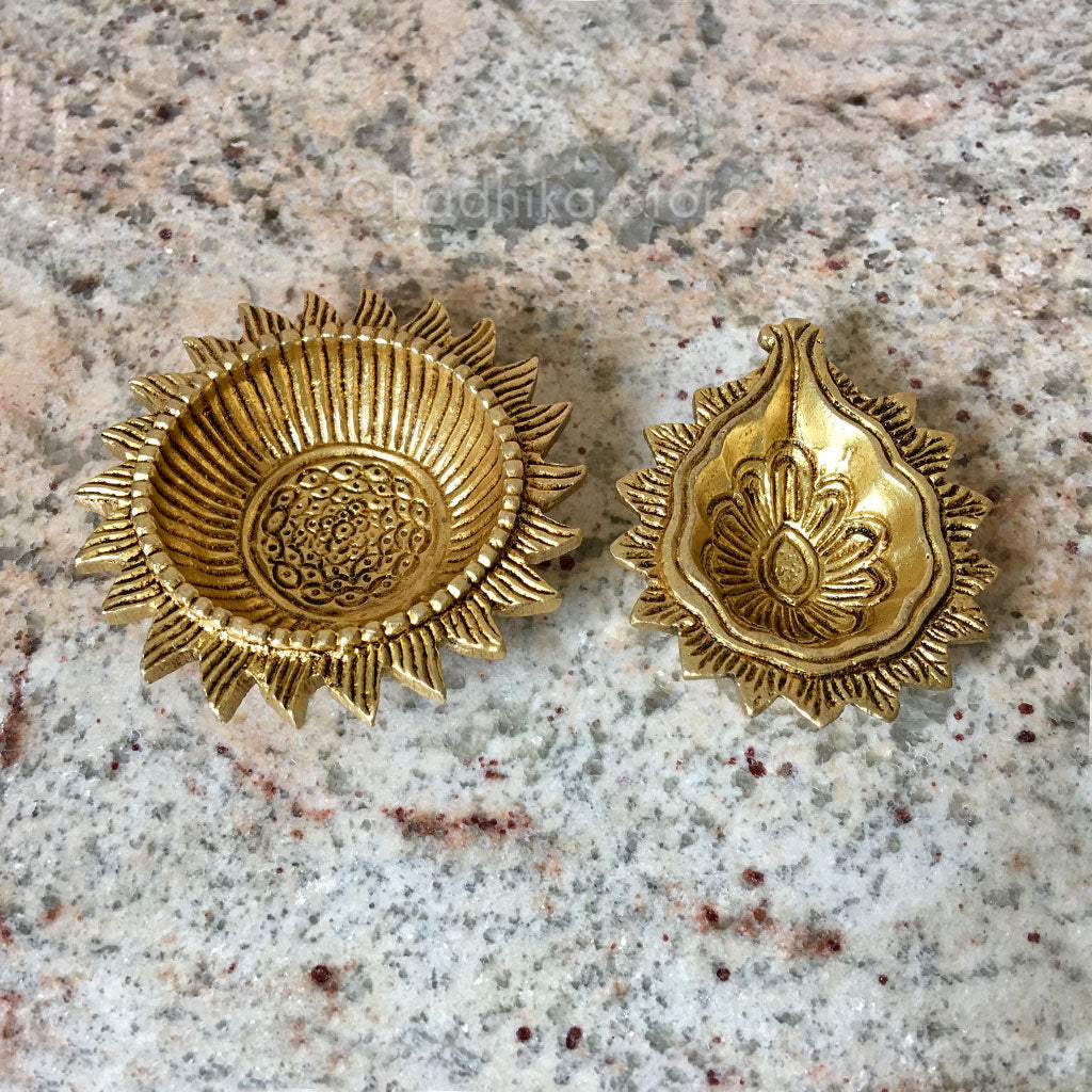 Festival Flower Petal Flower - Brass Ghee Lamp Diya - 3&quot;inches Long