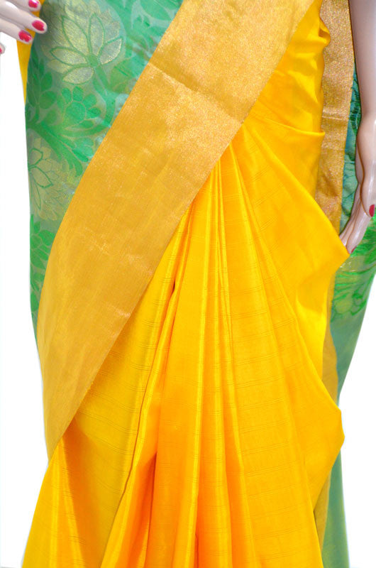 Sunshine Green Golden Lotus - Pure Silk Saree