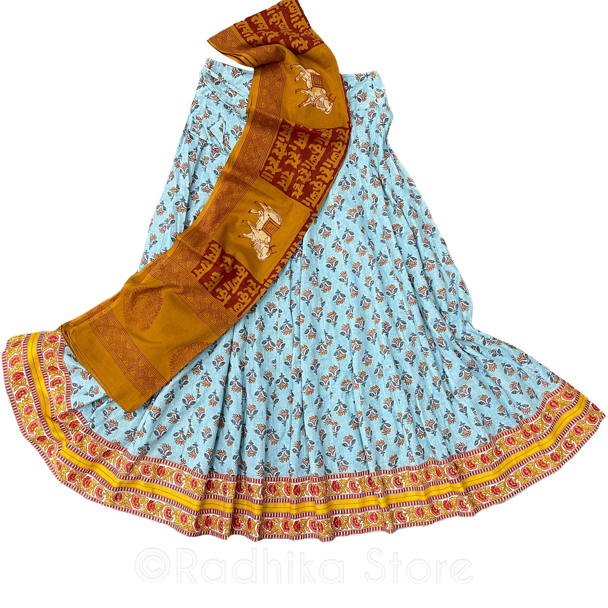 Sweet Cowherd Girl -  Gopi Skirt - Sky Blue and Marigold - Cotton Screen Print Fabric - With Chadar - Medium