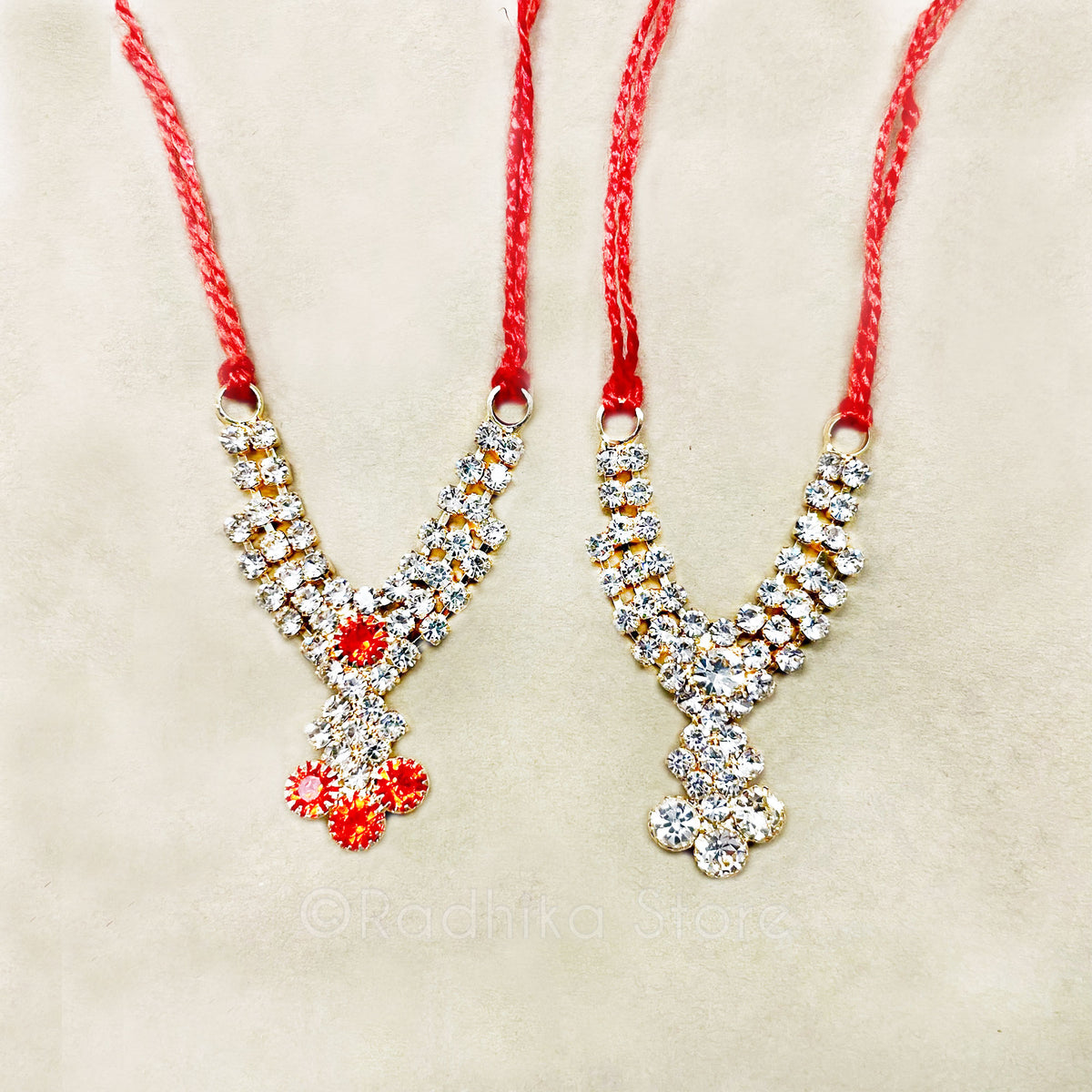 Tiny Krishna Dots - Orange Sapphire and Diamond- Rhinestone Deity Necklace