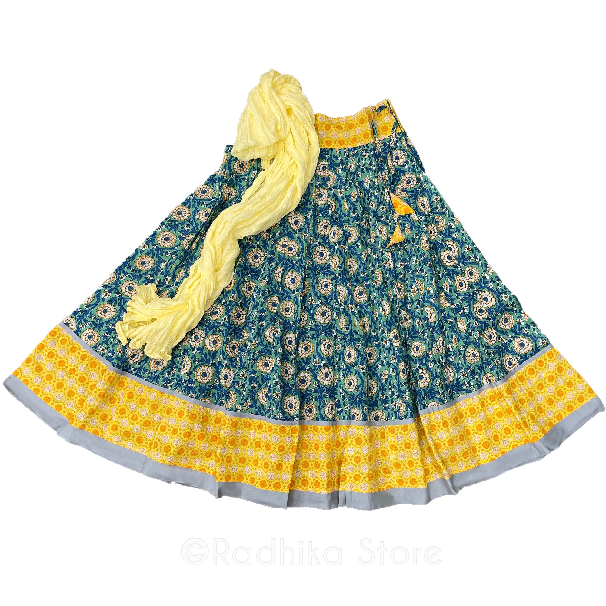 Temple Garden -  Gopi Skirt - Blues and yellows - Cotton Screen Print Fabric - With Cotton Chadar - Small and Large