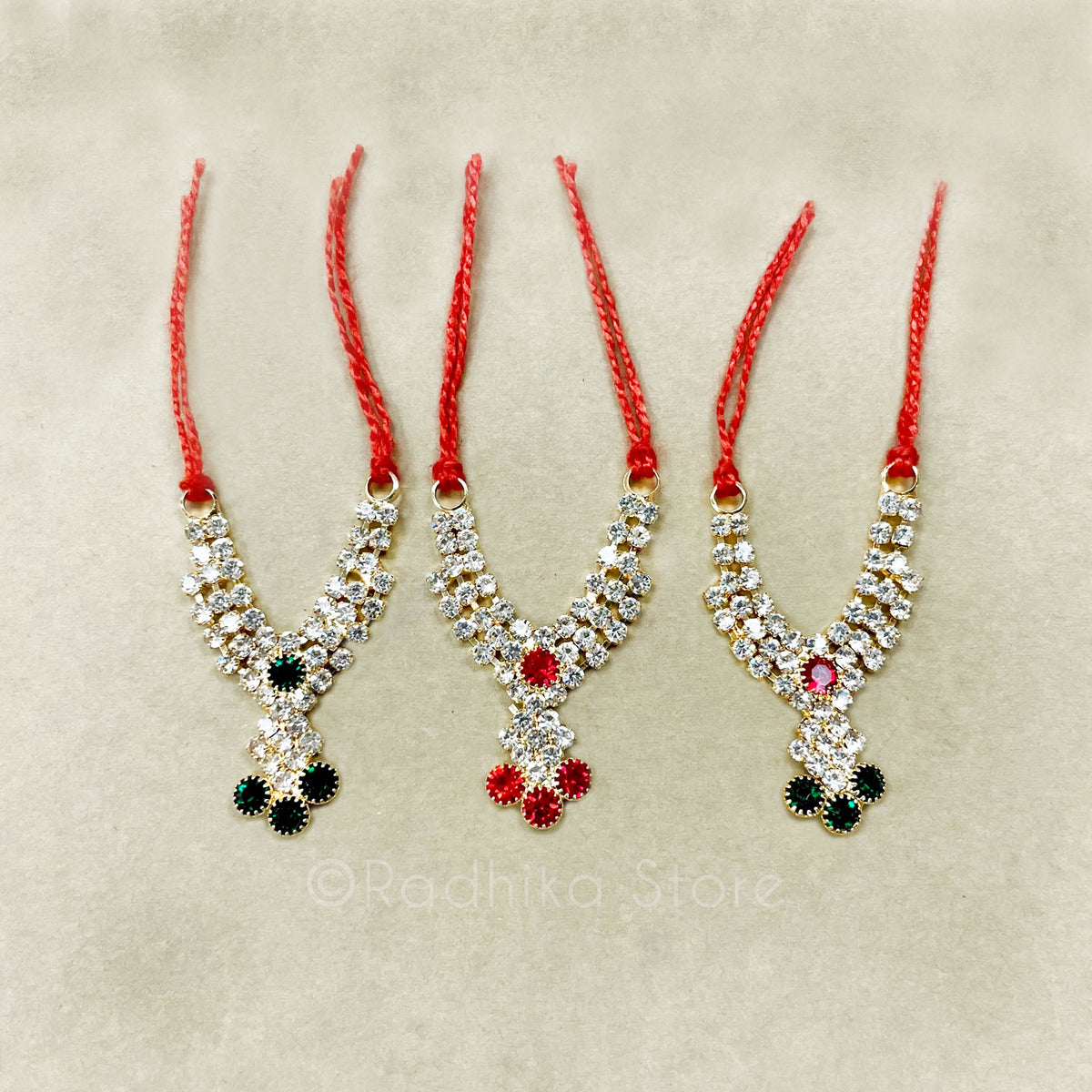 Tiny Krishna Dots - Emeralds and Rubies - Rhinestone Deity Necklace