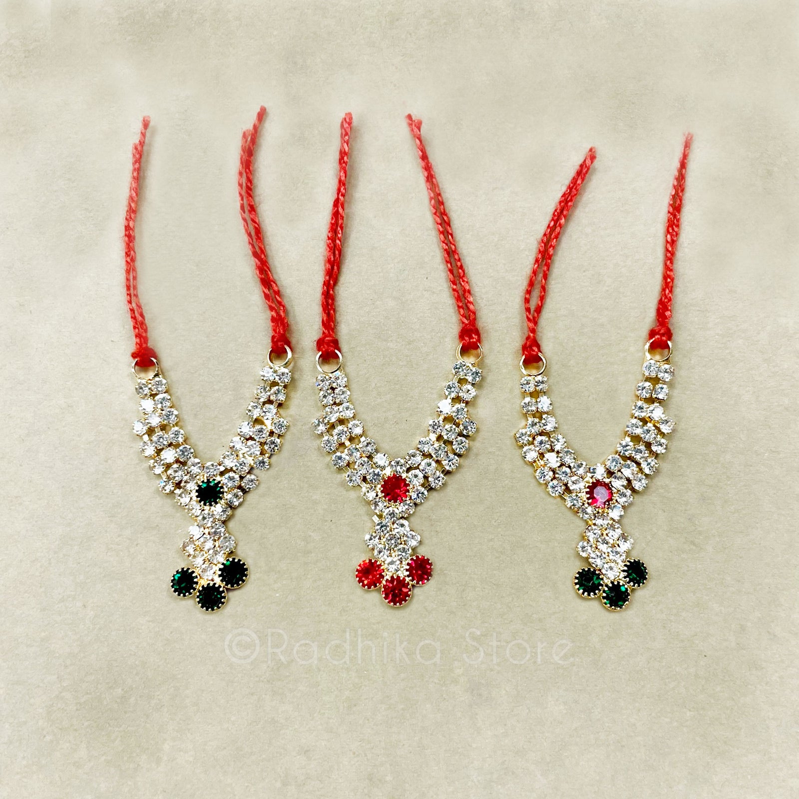 Tiny Krishna Dots - Emeralds and Rubies - Rhinestone Deity Necklace