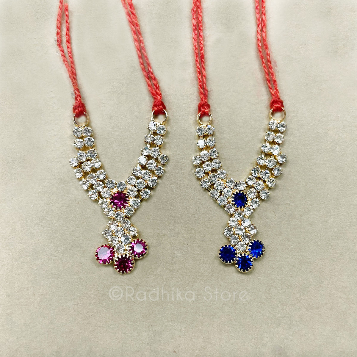 Tiny Krishna Dots - Purple Amethyst and Blue Sapphire - Rhinestone Deity Necklace