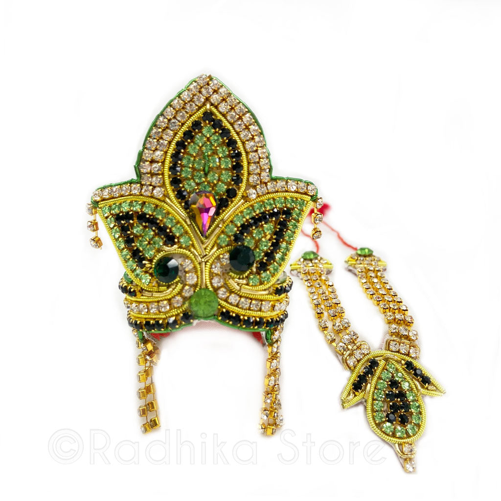 Green Tulsi Leaf - Rhinestone Crown and Necklace Set