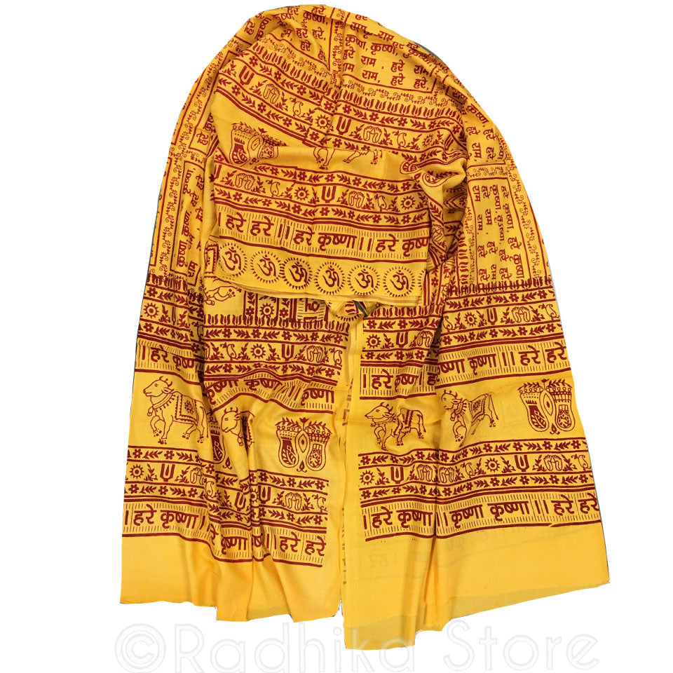 Maha Mantra Chadar -Marigold/Yellow With Red - Vrindavan Cows, Om, Lotus Feet